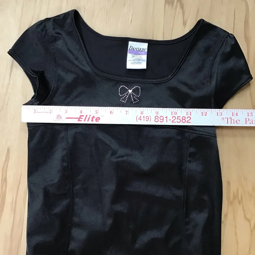 Danskin Now Black Soot Pink Bow‎ Silver Heart Bling Dance Costume Leotard 14/16